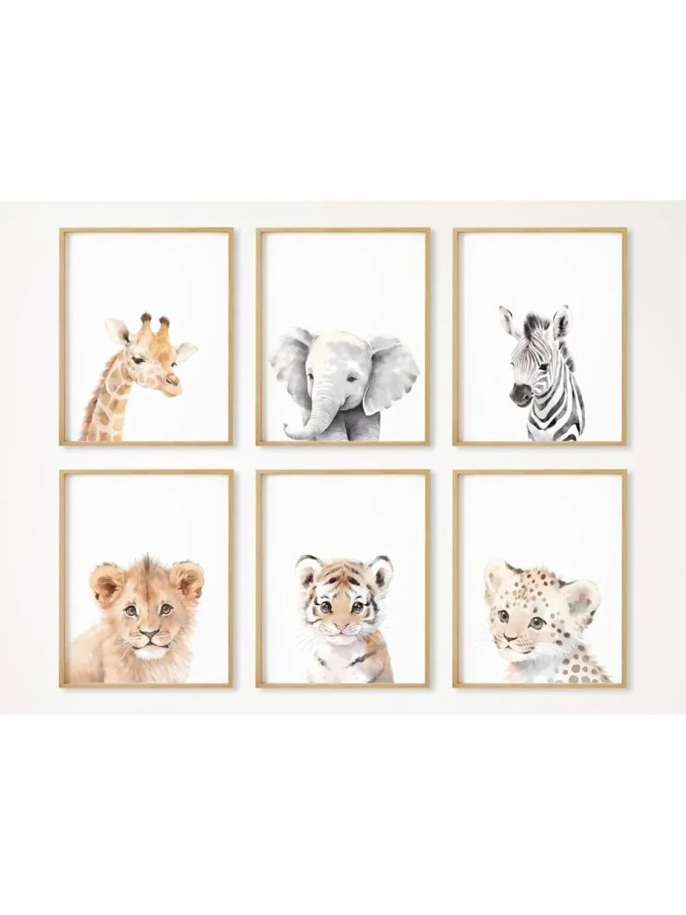 Safari Animal Wall Art Set of 6 - Jungle Nursery Decor for Baby Room, 12x16 Inch